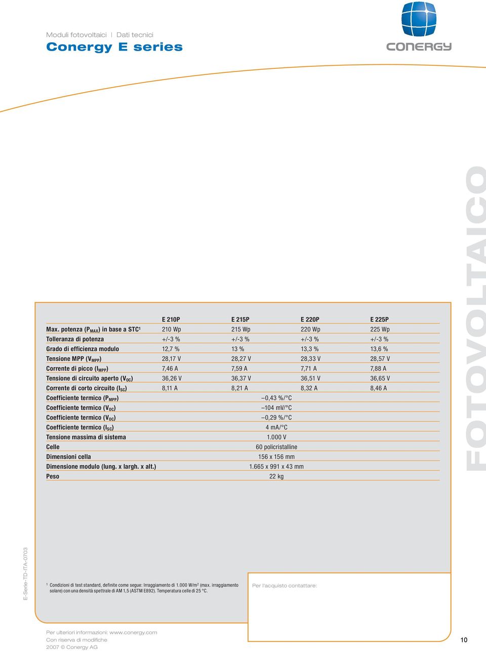 V 28,33 V 28,57 V Corrente di picco (I MPP ) 7,46 A 7,59 A 7,71 A 7,88 A Tensione di circuito aperto (V OC ) 36,26 V 36,37 V 36,51 V 36,65 V Corrente di corto circuito (I SC ) 8,11 A 8,21 A 8,32 A