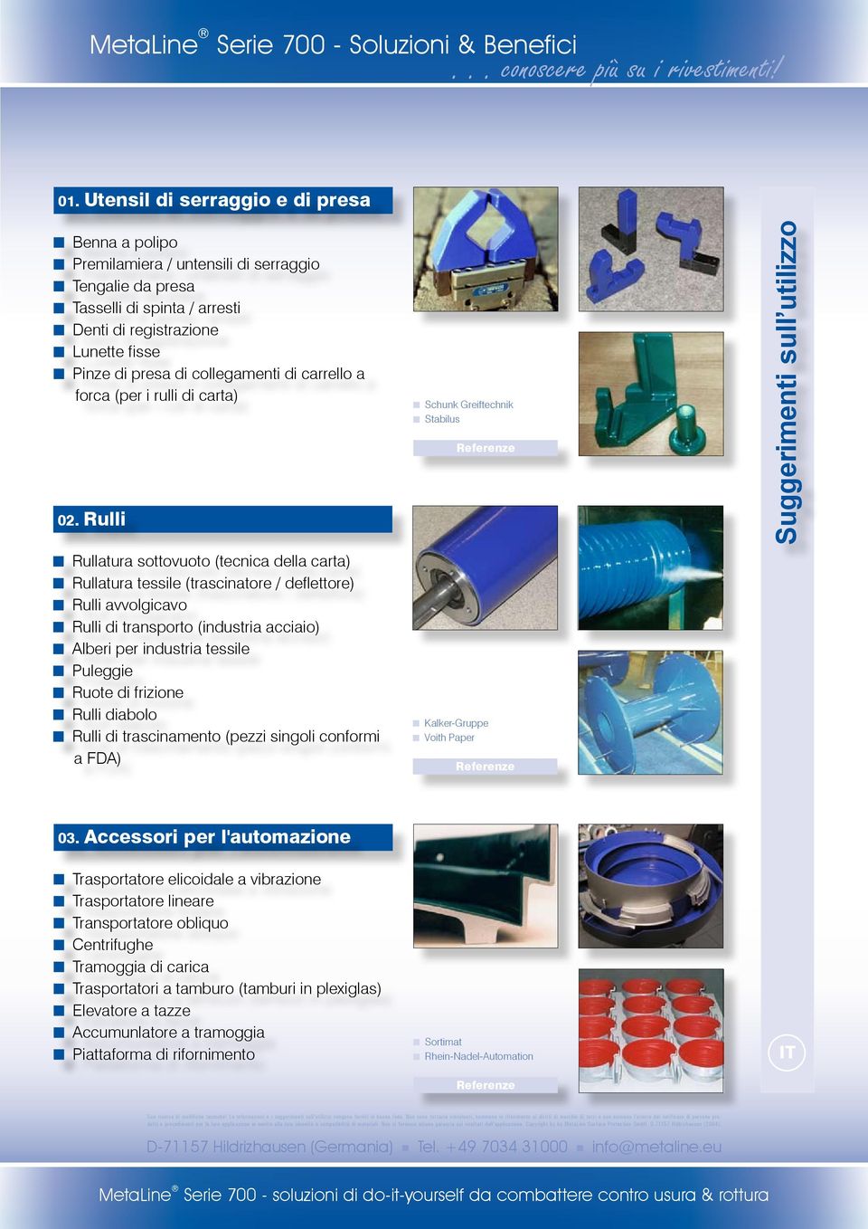 Rulli Rullatura sottovuoto (tecnica della carta) Rullatura tessile (trascinatore / deflettore) Rulli avvolgicavo Rulli di transporto (industria acciaio) Alberi per industria tessile Puleggie Ruote di