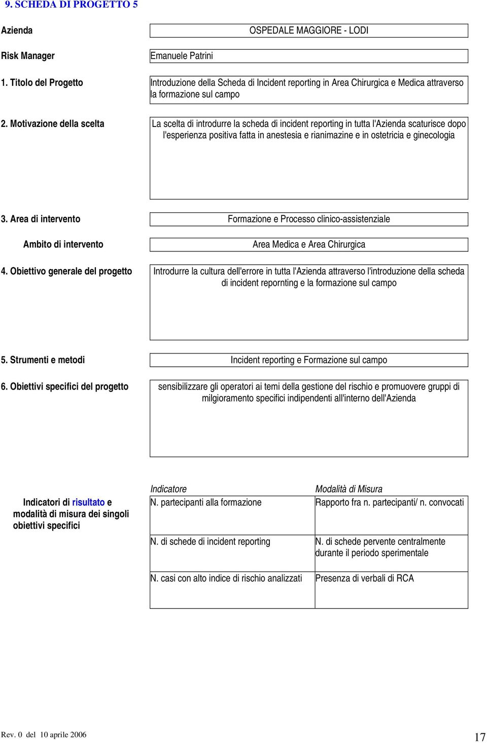 Motivazione della scelta La scelta di introdurre la scheda di incident reporting in tutta l'azienda scaturisce dopo l'esperienza positiva fatta in anestesia e rianimazine e in ostetricia e