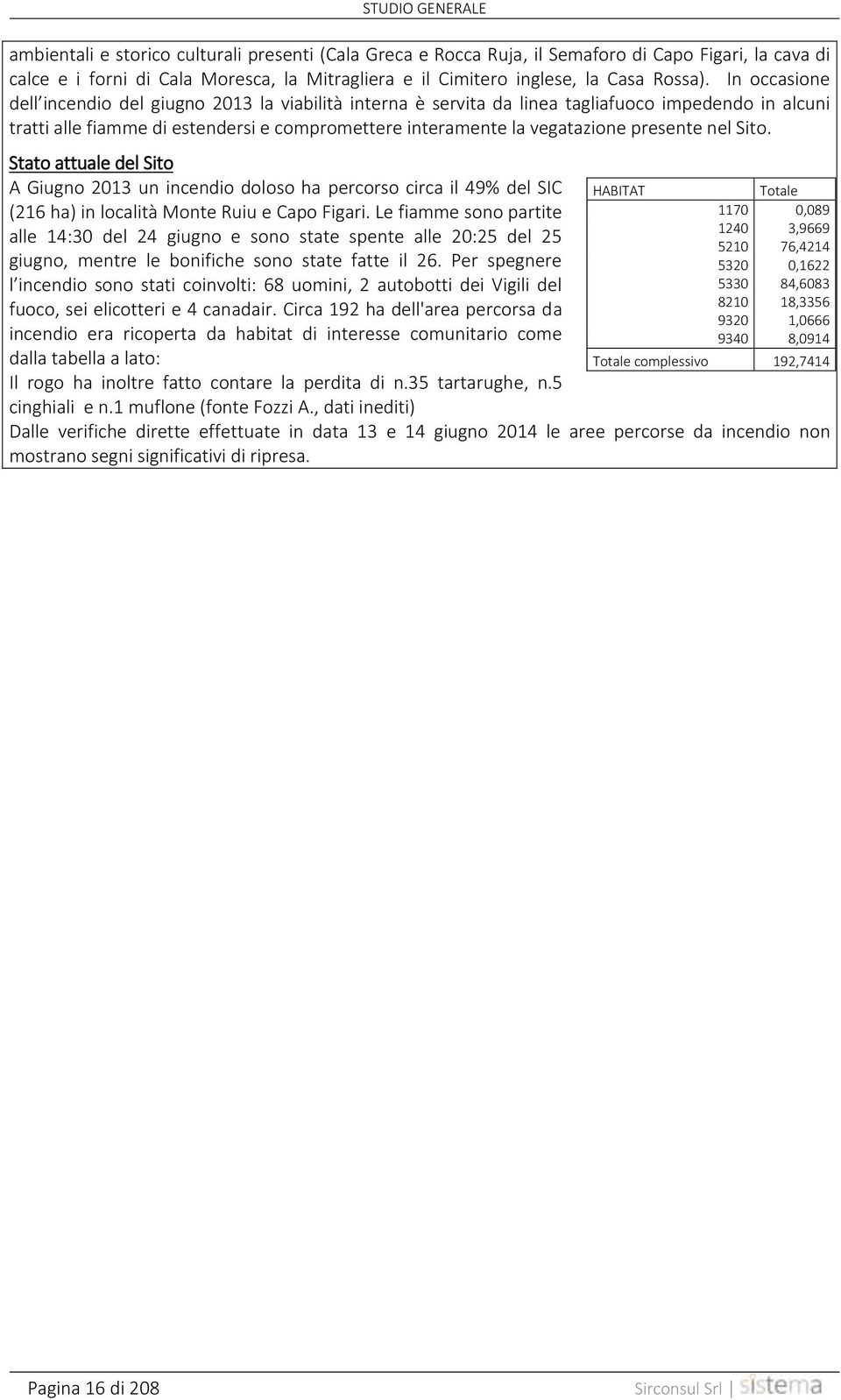 In occasione dell incendio del giugno 2013 la viabilità interna è servita da linea tagliafuoco impedendo in alcuni tratti alle fiamme di estendersi e compromettere interamente la vegatazione presente