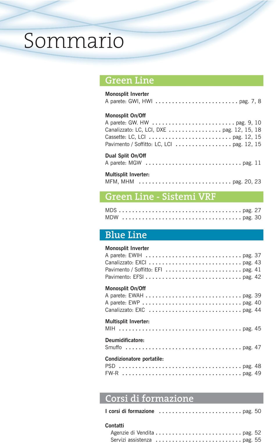 .................................... pag. 27 MD.................................... pag. 30 Blue Line Monosplit Inverter A parete: EIH............................. pag. 37 Canalizzato: EXCI............................ pag. 43 Pavimento / Soffitto: EFI.