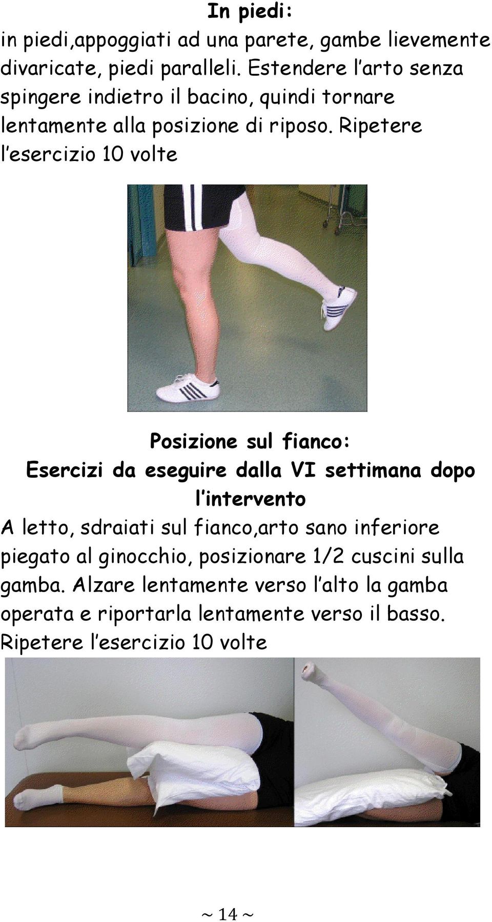 Ripetere l esercizio 10 volte Posizione sul fianco: Esercizi da eseguire dalla VI settimana dopo l intervento A letto, sdraiati sul