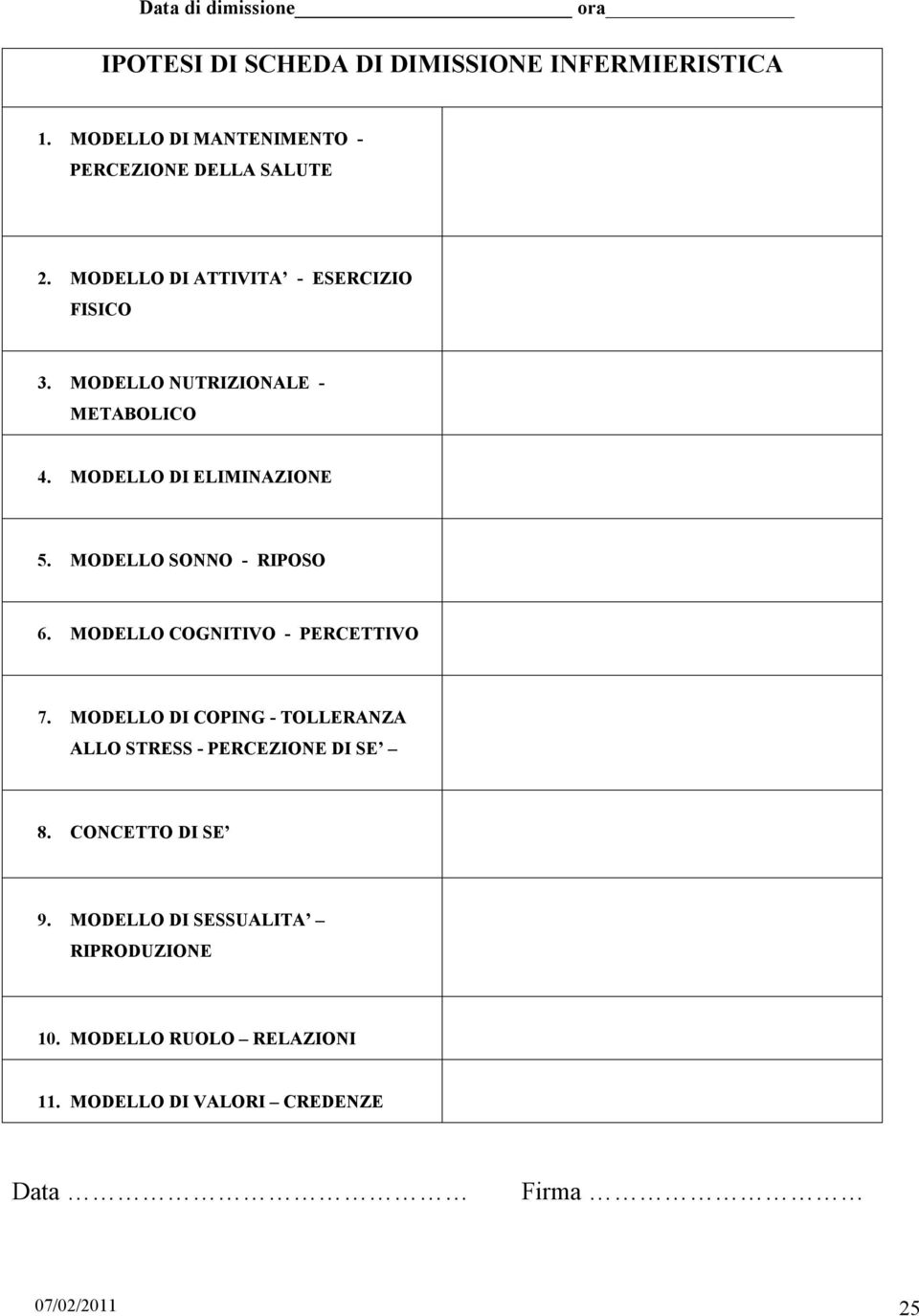 MODELLO NUTRIZIONALE - METABOLICO 4. MODELLO DI ELIMINAZIONE 5. MODELLO SONNO - RIPOSO 6. MODELLO COGNITIVO - PERCETTIVO 7.