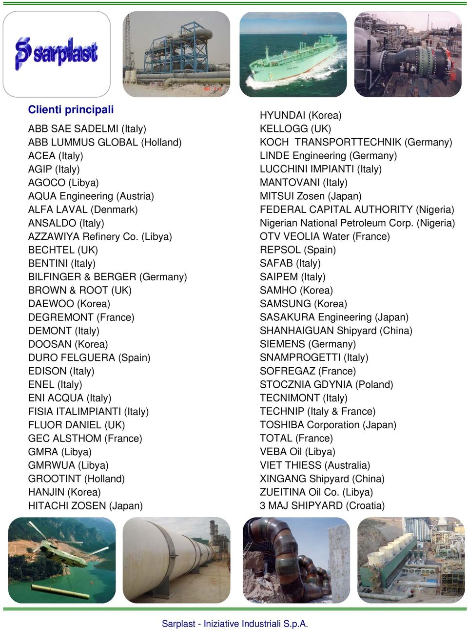 ENI ACQUA (Italy) FISIA ITALIMPIANTI (Italy) FLUOR DANIEL (UK) GEC ALSTHOM (France) GMRA (Libya) GMRWUA (Libya) GROOTINT (Holland) HANJIN (Korea) HITACHI ZOSEN (Japan) HYUNDAI (Korea) KELLOGG (UK)