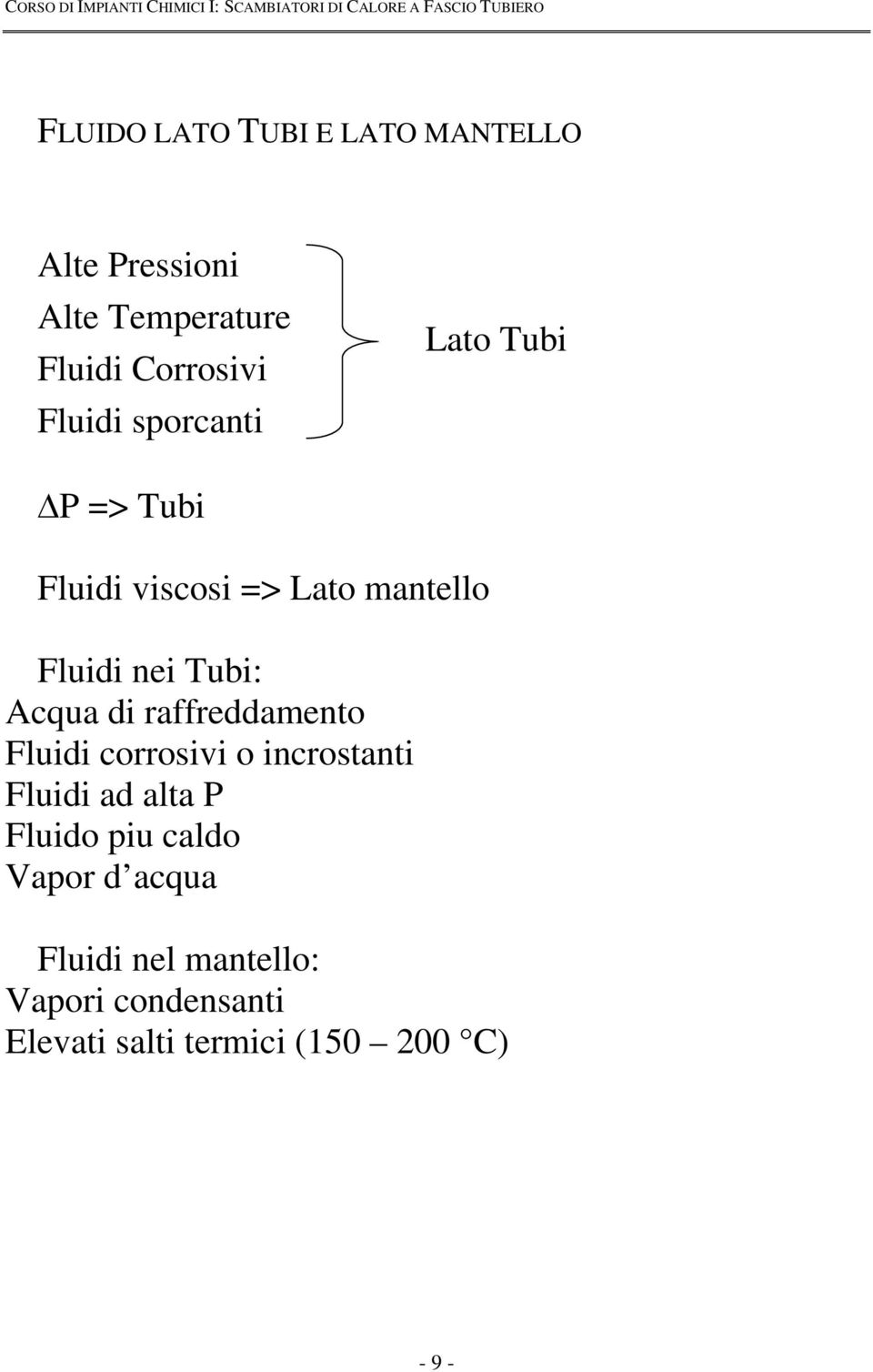 Acqua di raffreddamento Fluidi corrosivi o incrostanti Fluidi ad alta P Fluido piu