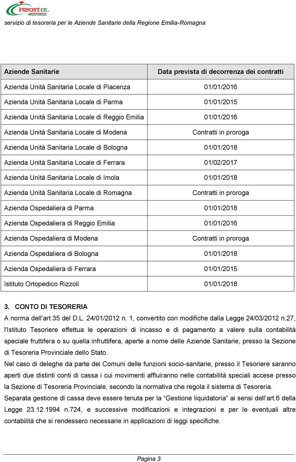 Azienda Unità Sanitaria Locale di Imola 01/01/2018 Azienda Unità Sanitaria Locale di Romagna Contratti in proroga Azienda Ospedaliera di Parma 01/01/2018 Azienda Ospedaliera di Reggio Emilia