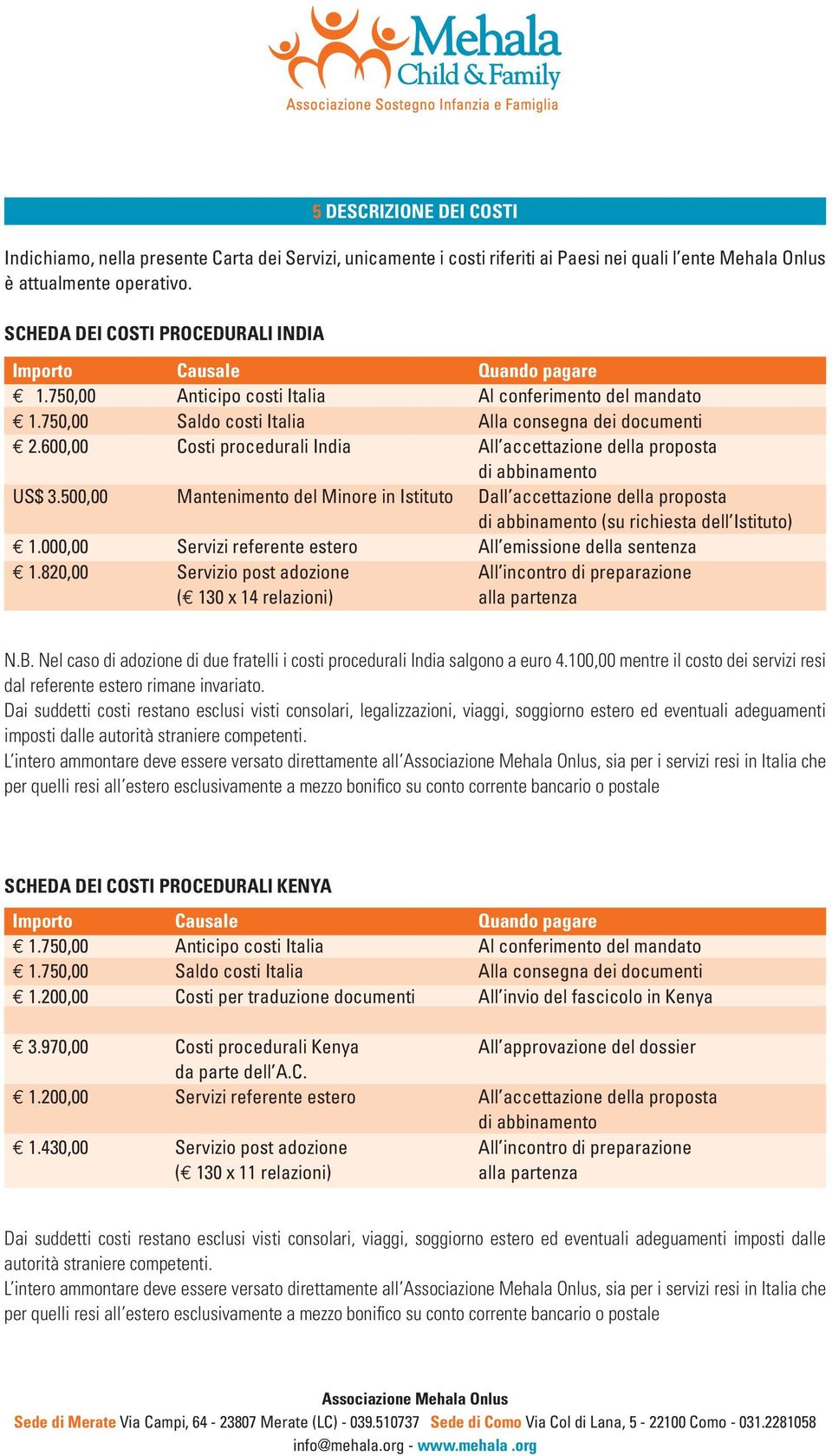 750,00 Saldo costi Italia Alla consegna dei documenti E 2.600,00 Costi procedurali India All accettazione della proposta di abbinamento US$ 3.