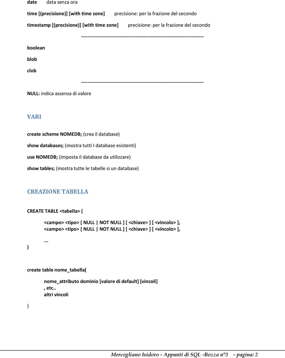 ---------------------------------------------------------------------------- VARI create scheme NOMEDB; (crea il database) show databases; (mostra tutti I database esistenti) use NOMEDB; (imposta il
