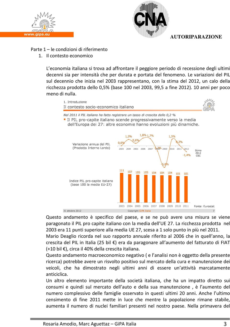 Le variazioni del PIL sul decennio che inizia nel 2003 rappresentano, con la stima del 2012, un calo della ricchezza prodotta dello 0,5% (base 100 nel 2003, 99,5 a fine 2012).