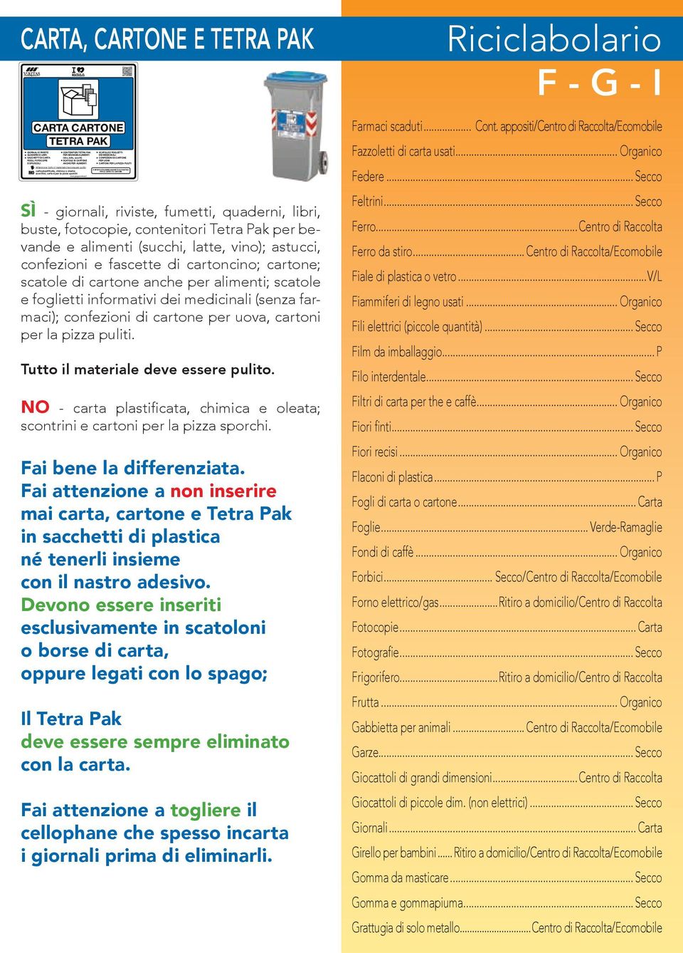 e oleata; PER LA CARTA E IL CARTONE scontrini; cartoni per la pizza sporchi TETRA PAK È VIETATO UTILIZZARE SACCHETTI DI PLASTICA PER LA CARTA E IL CARTONE FORMATO ORIZZONTALE: 490mmx260mm per