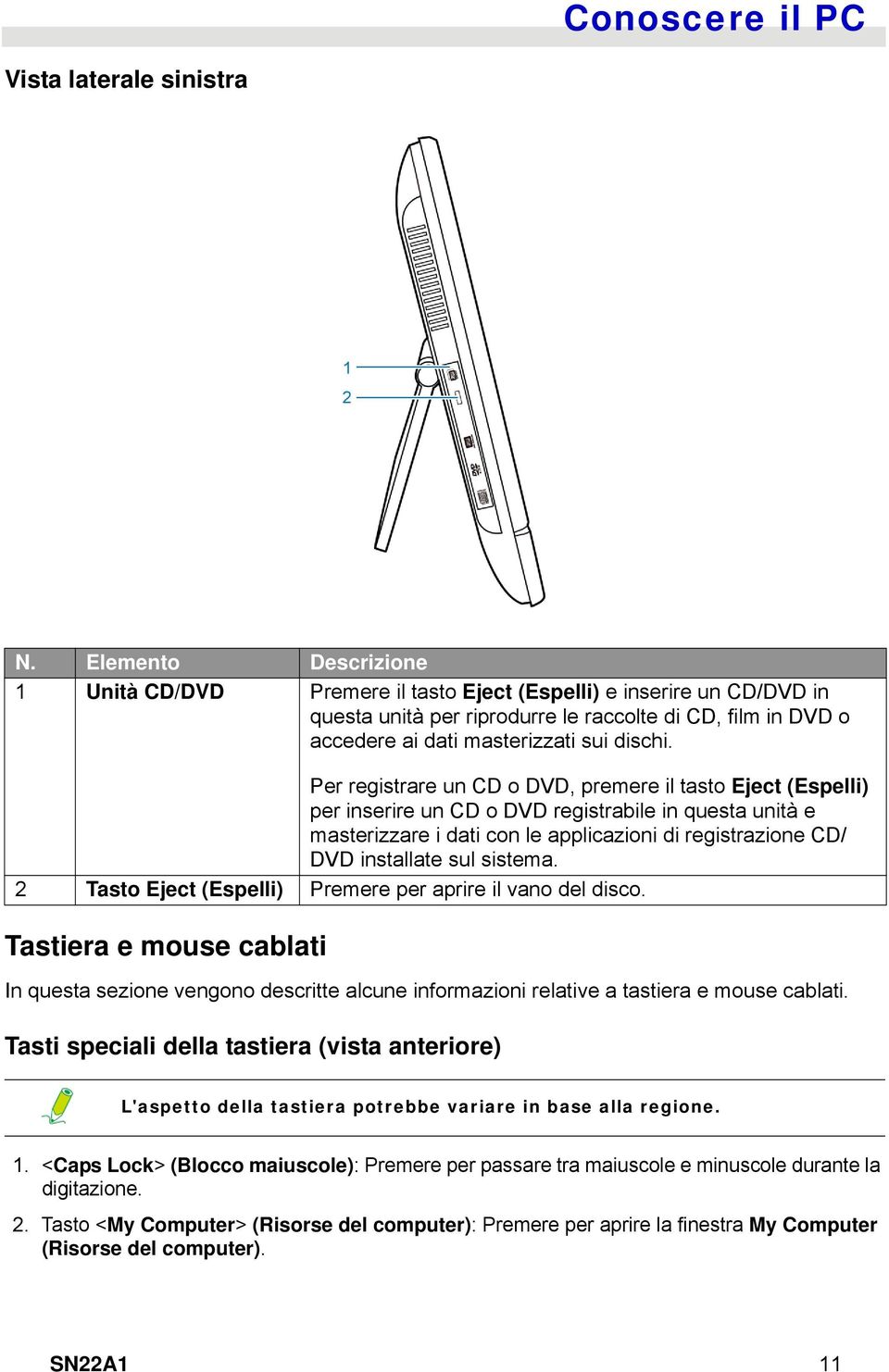 Per registrare un CD o DVD, premere il tasto Eject (Espelli) per inserire un CD o DVD registrabile in questa unità e masterizzare i dati con le applicazioni di registrazione CD/ DVD installate sul