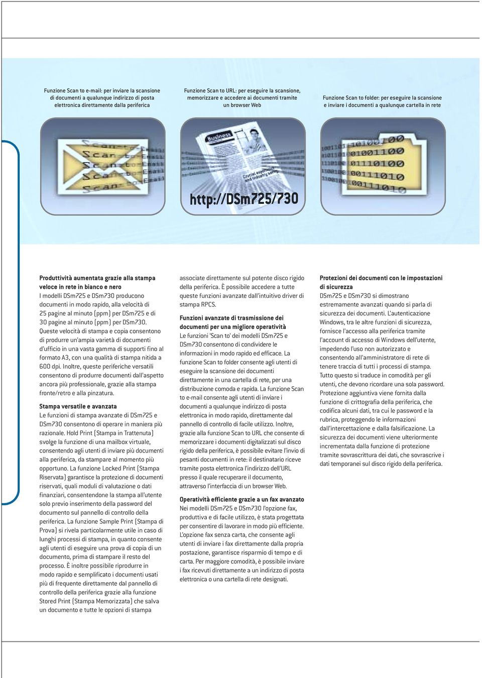 rete in bianco e nero I modelli DSm725 e DSm730 producono documenti in modo rapido, alla velocità di 25 pagine al minuto (ppm) per DSm725 e di 30 pagine al minuto (ppm) per DSm730.