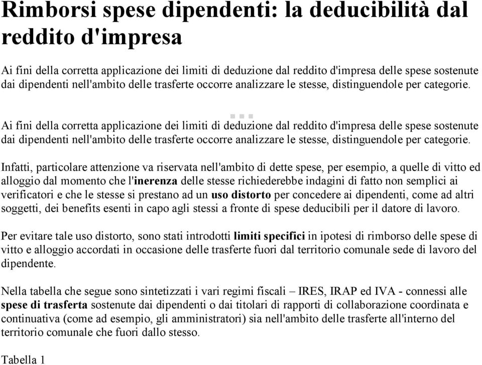 Ai fini della corretta applicazione dei limiti di deduzione dal reddito d'impresa delle spese sostenute dai dipendenti nell'ambito  Infatti, particolare attenzione va riservata nell'ambito di dette