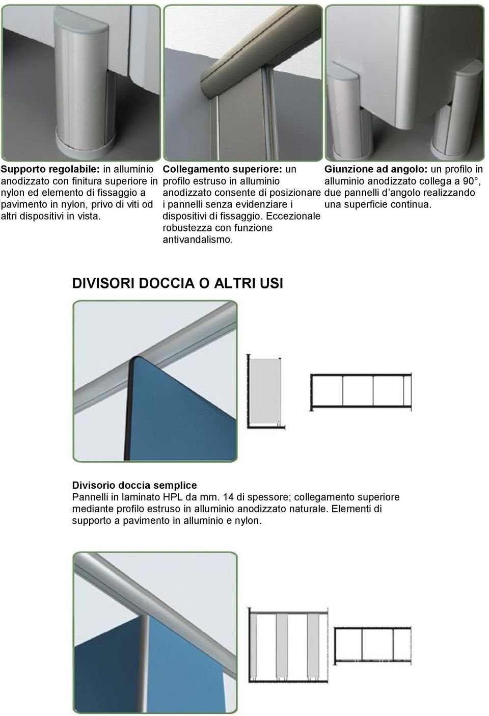 Eccezionale robustezza con funzione antivandalismo. Giunzione ad angolo: un profilo in alluminio anodizzato collega a 90, due pannelli d angolo realizzando una superficie continua.