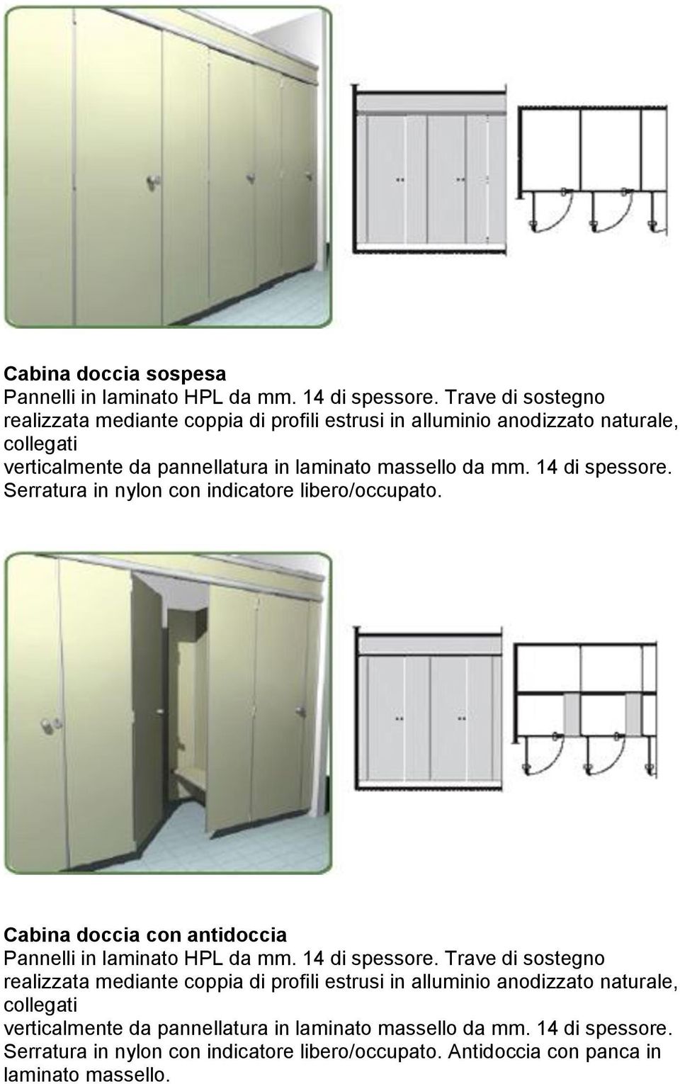 mm. 14 di spessore. Serratura in nylon con indicatore libero/occupato. Cabina doccia con antidoccia Pannelli in laminato HPL da mm. 14 di spessore.  mm.