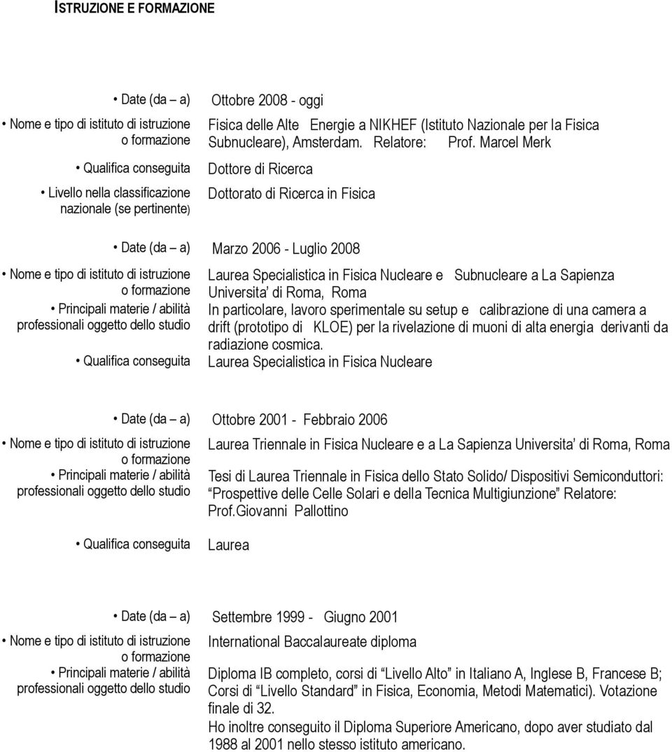 Marcel Merk Dottore di Ricerca Dottorato di Ricerca in Fisica Date (da a) Marzo 2006 - Luglio 2008 Qualifica conseguita Laurea Specialistica in Fisica Nucleare e Subnucleare a La Sapienza Universita