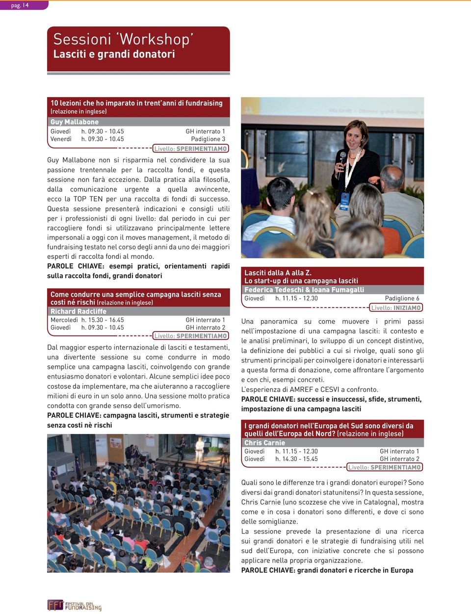 45 Padiglione 3 Livello: SPERIMENTIAMO Guy Mallabone non si risparmia nel condividere la sua passione trentennale per la raccolta fondi, e questa sessione non farà eccezione.