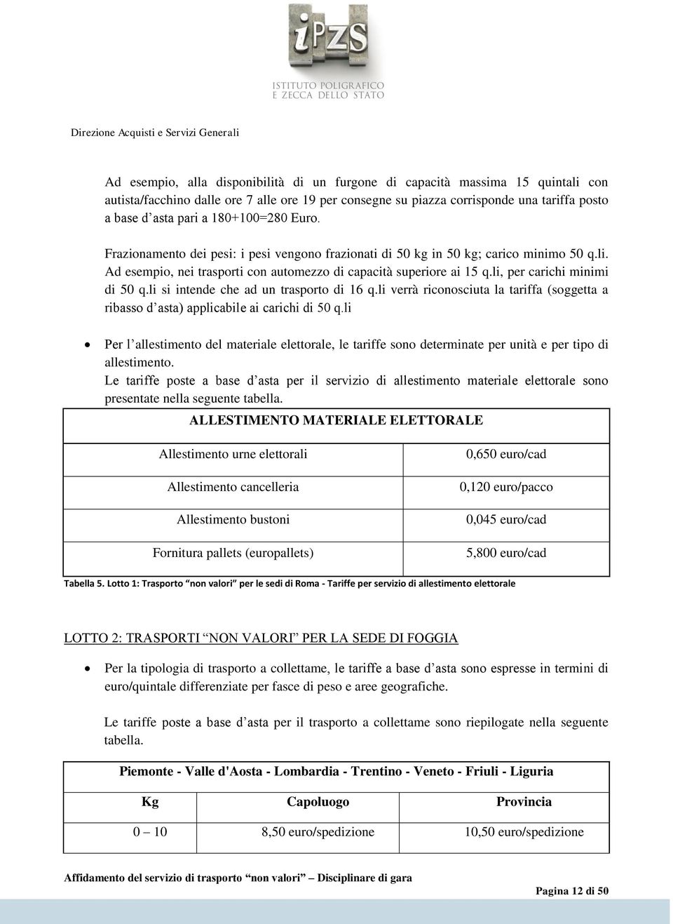 li, per carichi minimi di 50 q.li si intende che ad un trasporto di 16 q.li verrà riconosciuta la tariffa (soggetta a ribasso d asta) applicabile ai carichi di 50 q.