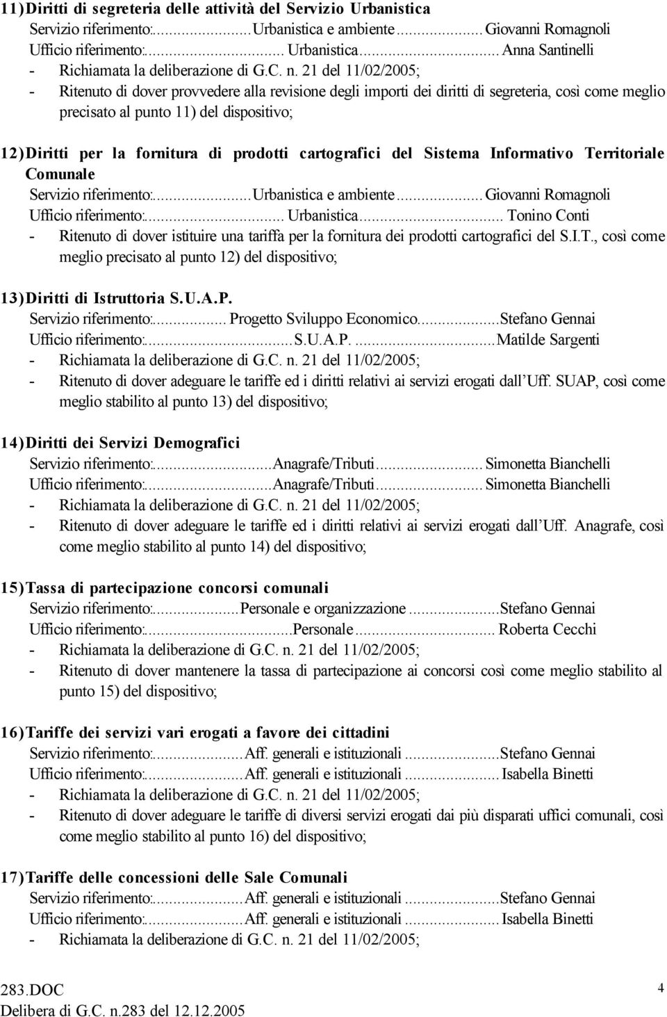 ..Anna Santinelli - Ritenuto di dover provvedere alla revisione degli importi dei diritti di segreteria, così come meglio precisato al punto 11) del dispositivo; 12)Diritti per la fornitura di