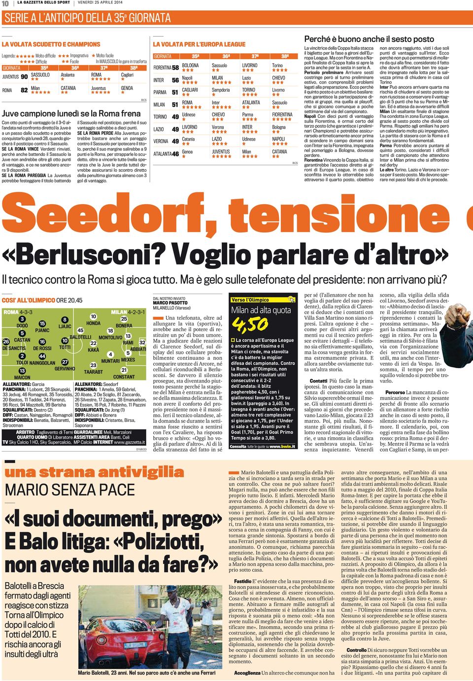 andata nel confronto diretto) la Juve è a un passo dallo scudetto e potrebbe conquistarlo già lunedì 8, quando giocherà il posticipo contro il assuolo.