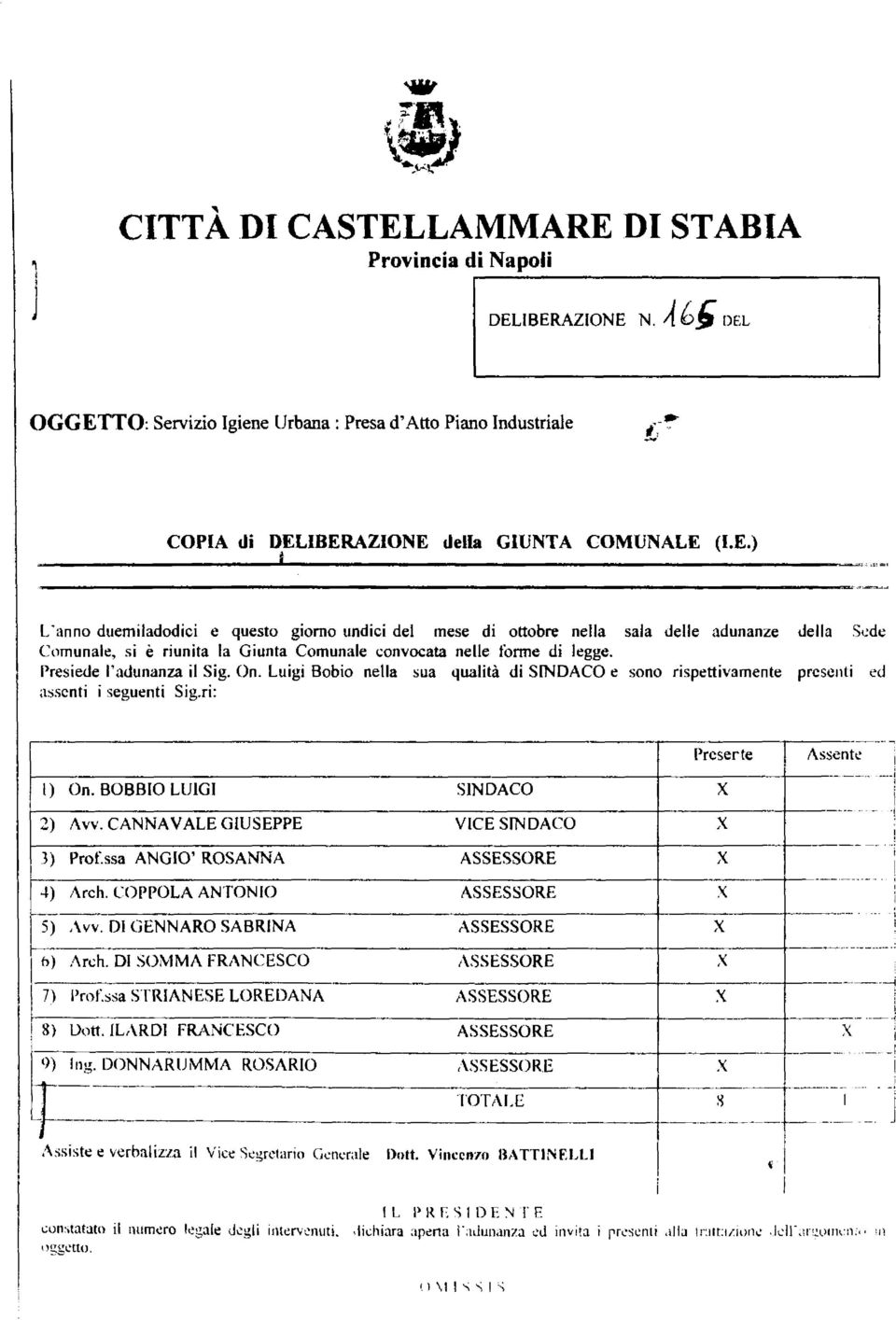 Presiede l'adunanza il Sig. On. Luigi Bobio nella sua qualità di SINDACO e sono rispettivamente prcsent i ed assenti i seguenti Sig.ri: Prcserte l) On. BOBBIO LUIGI SINDACO x 2) Avv.