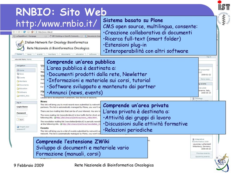 Interoperabilità con altri software Comprende un area pubblica L area pubblica è destinata a: Documenti prodotti dalla rete, Newletter Informazioni e materiale sui