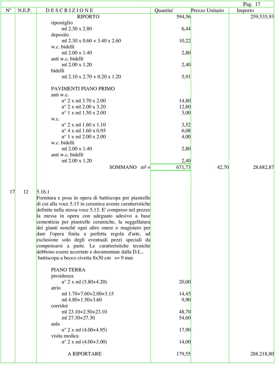 40 2,80 bidelli ml 2.00 x 1.20 2,40 SOMMANO m² = 671,73 42,70 28.682,87 17 12 5.16.1 Fornitura e posa in opera di battiscopa per piastrelle di cui alla voce 5.