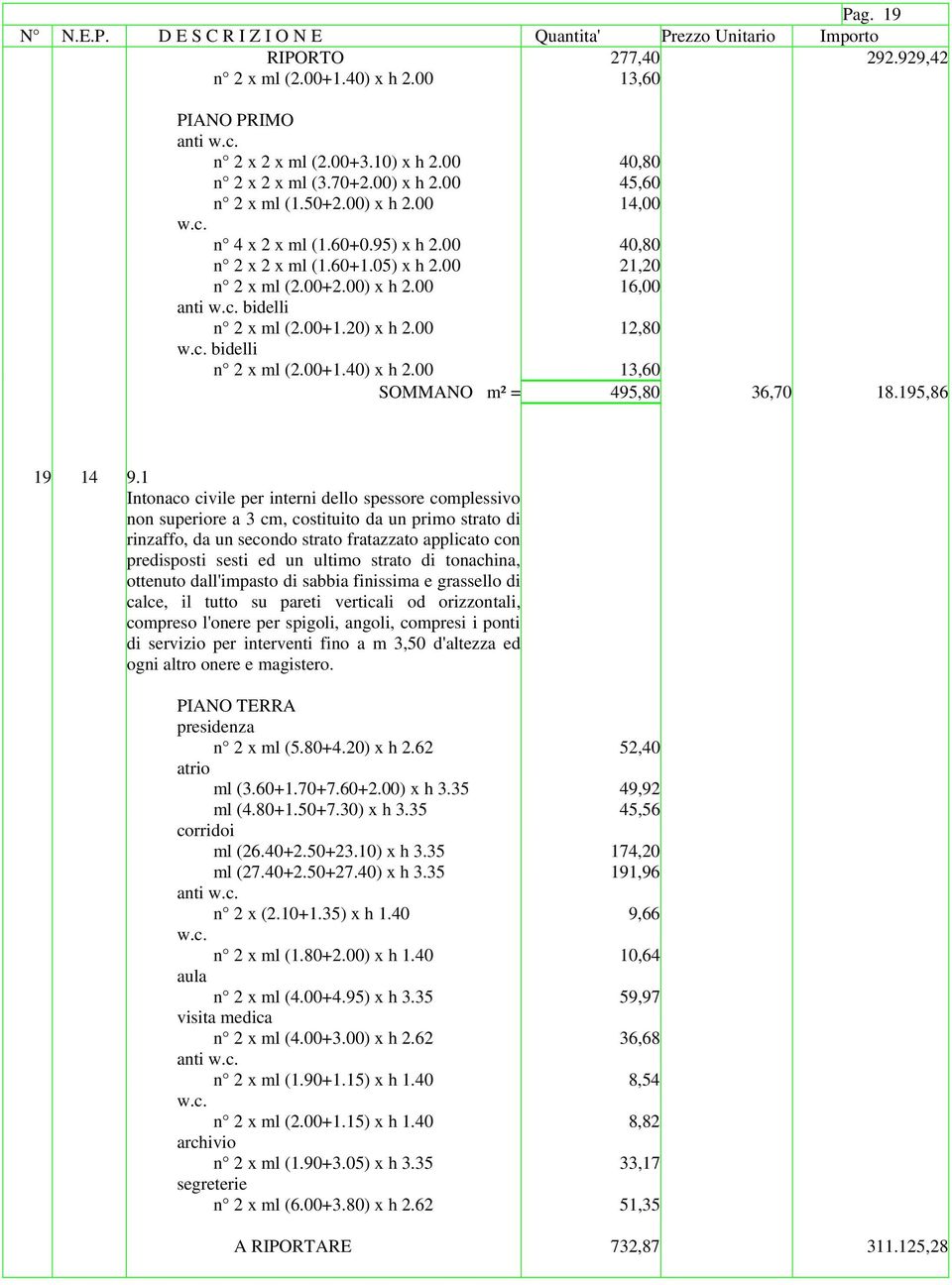 00 13,60 SOMMANO m² = 495,80 36,70 18.195,86 19 14 9.