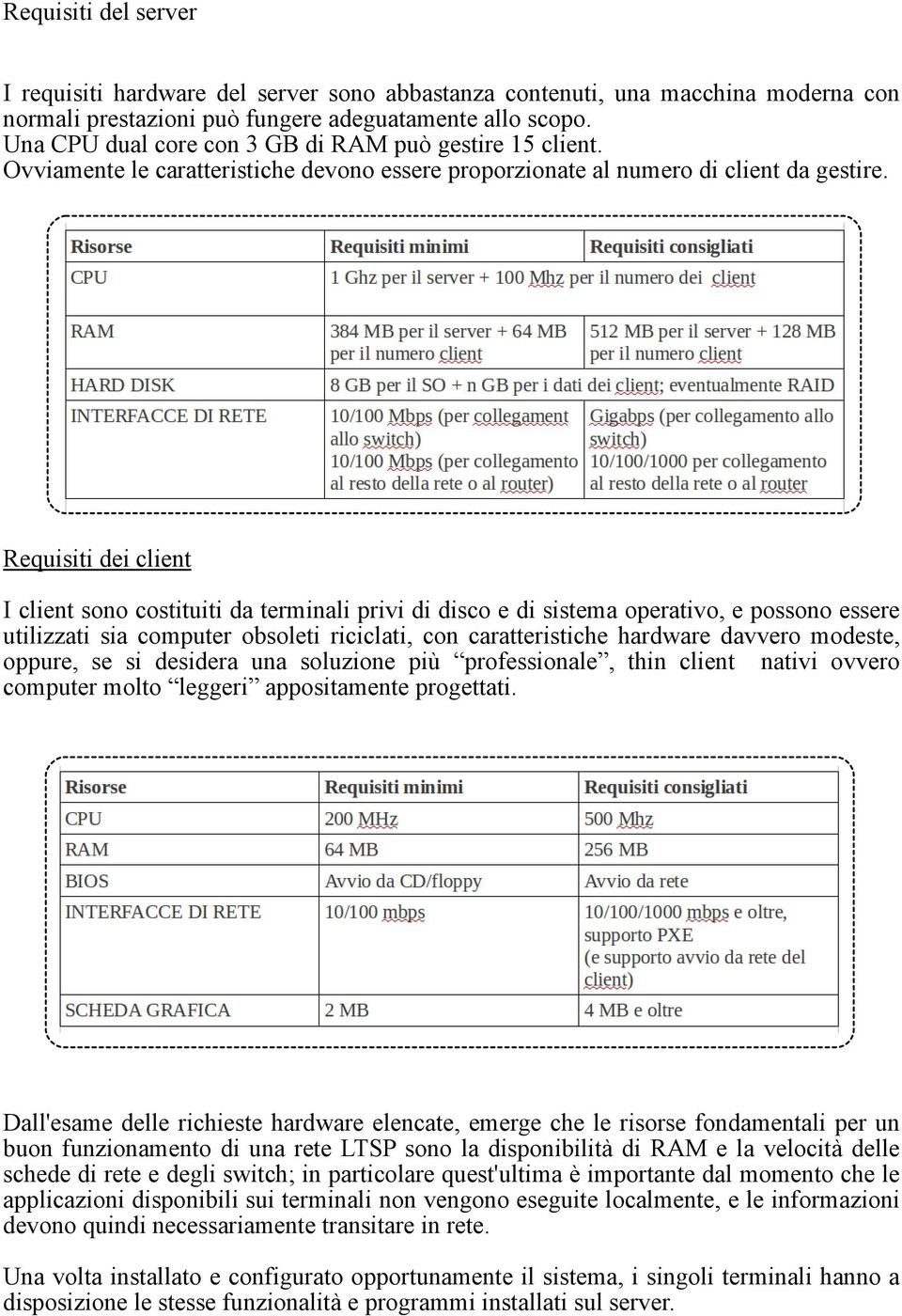 Requisiti dei client I client sono costituiti da terminali privi di disco e di sistema operativo, e possono essere utilizzati sia computer obsoleti riciclati, con caratteristiche hardware davvero