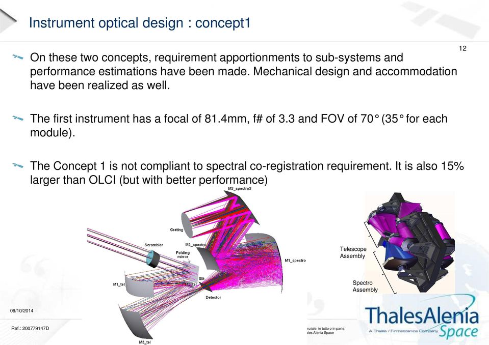 12 The first instrument has a focal of 81.4mm, f# of 3.3 and FOV of 70 (35 for each module).