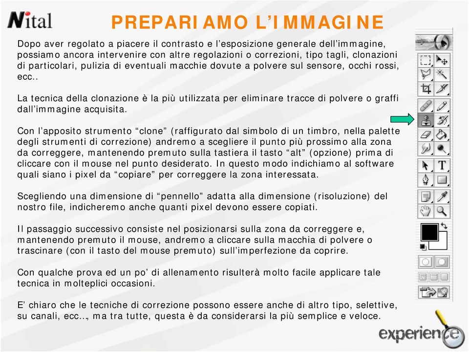 . La tecnica della clonazione è la più utilizzata per eliminare tracce di polvere o graffi dall immagine acquisita.