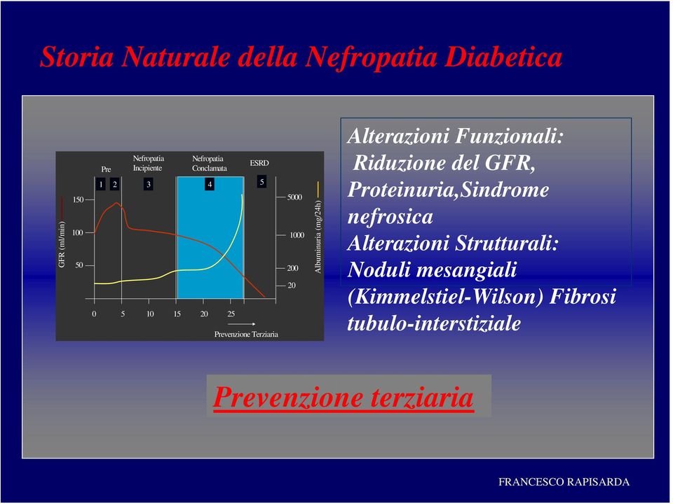 Albuminuria (mg/24h) Alterazioni Funzionali: Riduzione del GFR, Proteinuria,Sindrome nefrosica