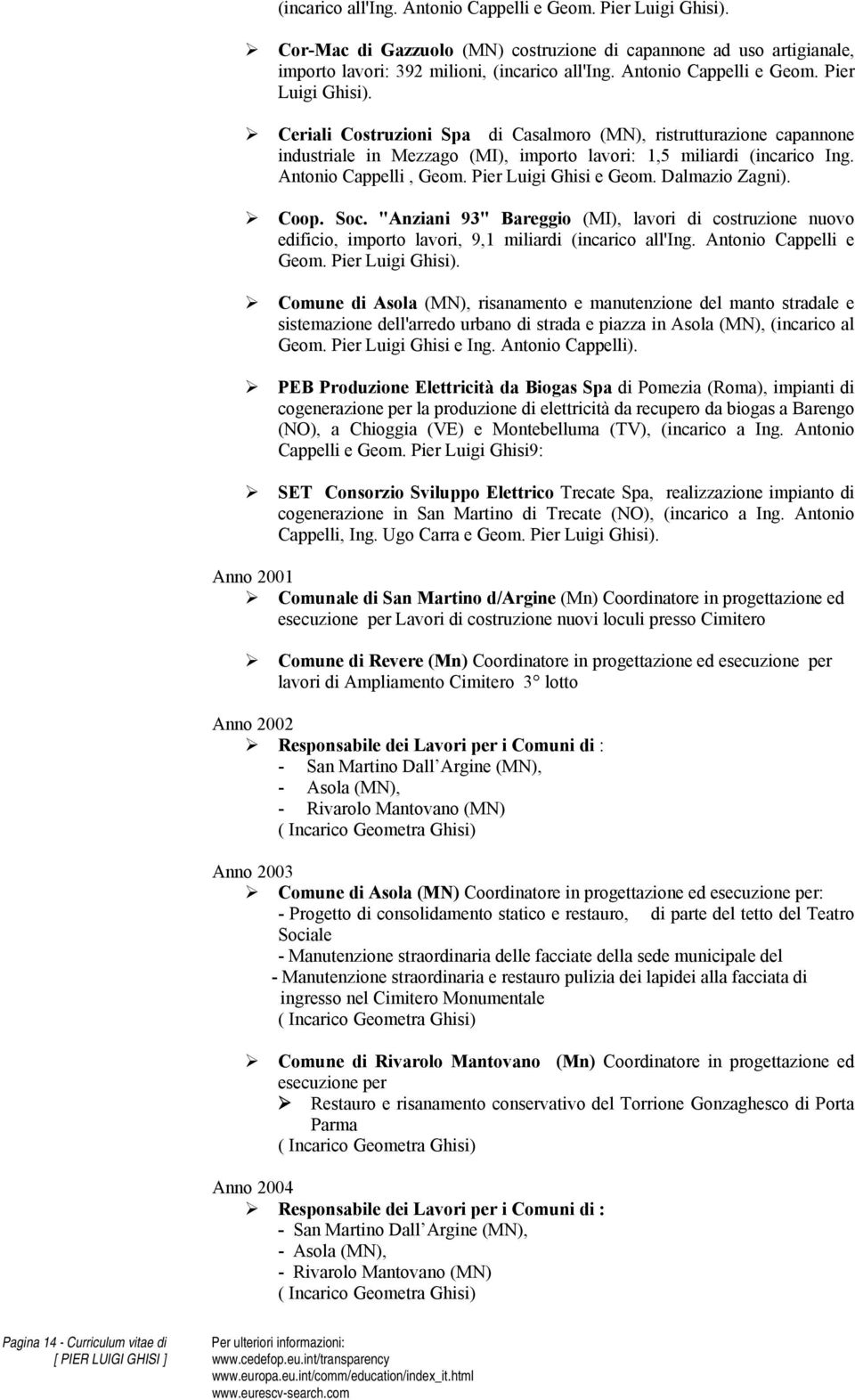 Antonio Cappelli, Geom. Pier Luigi Ghisi e Geom. Dalmazio Zagni). Coop. Soc. "Anziani 93" Bareggio (MI), lavori di costruzione nuovo edificio, importo lavori, 9,1 miliardi (incarico all'ing.