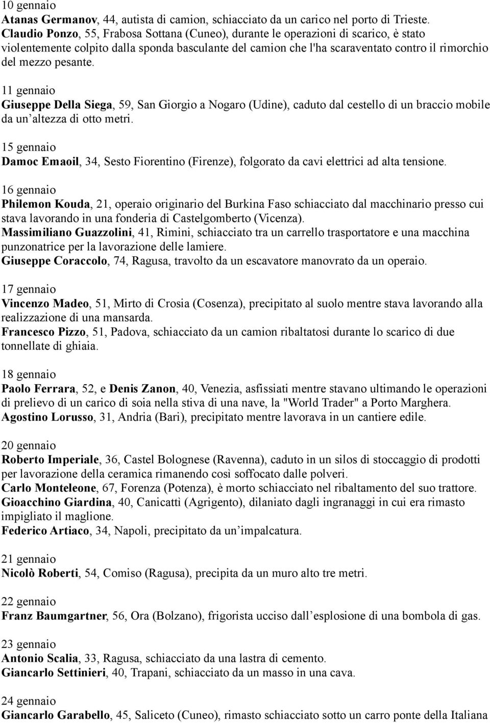 pesante. 11 gennaio Giuseppe Della Siega, 59, San Giorgio a Nogaro (Udine), caduto dal cestello di un braccio mobile da un altezza di otto metri.