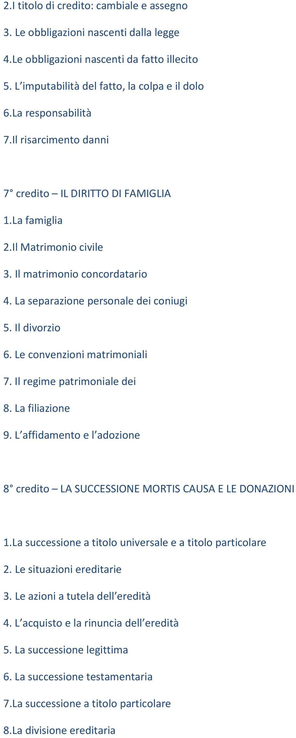 Le convenzioni matrimoniali 7. Il regime patrimoniale dei 8. La filiazione 9. L affidamento e l adozione 8 credito LA SUCCESSIONE MORTIS CAUSA E LE DONAZIONI 1.