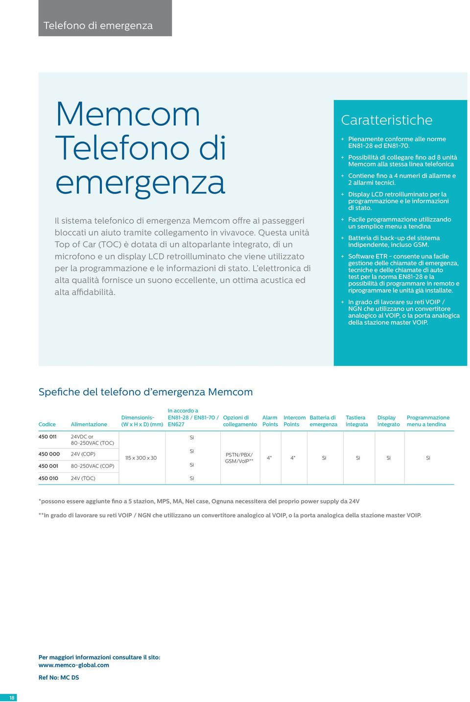 L elettronica di alta qualità fornisce un suono eccellente, un ottima acustica ed alta affidabilità. + + Pienamente conforme alle norme EN81-28 ed EN81-70.