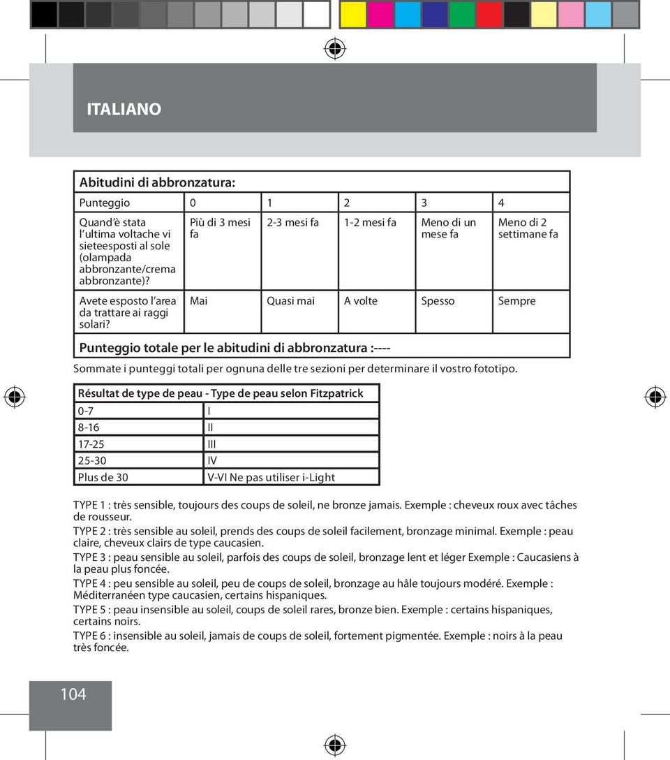 Più di 3 mesi fa 2-3 mesi fa 1-2 mesi fa Meno di un mese fa Meno di 2 settimane fa Mai Quasi mai A volte Spesso Sempre Punteggio totale per le abitudini di abbronzatura :---- Sommate i punteggi