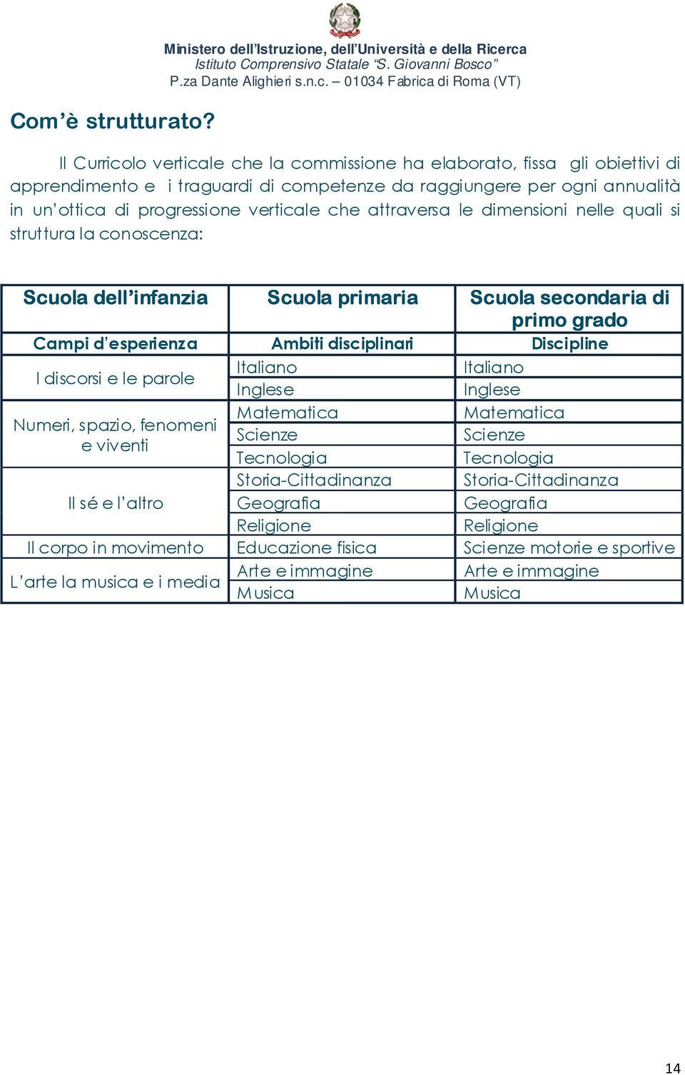 ogni annualità in un ottica di progressione verticale che attraversa le dimensioni nelle quali si struttura la conoscenza: Scuola dell infanzia Scuola primaria Scuola secondaria di primo grado Campi