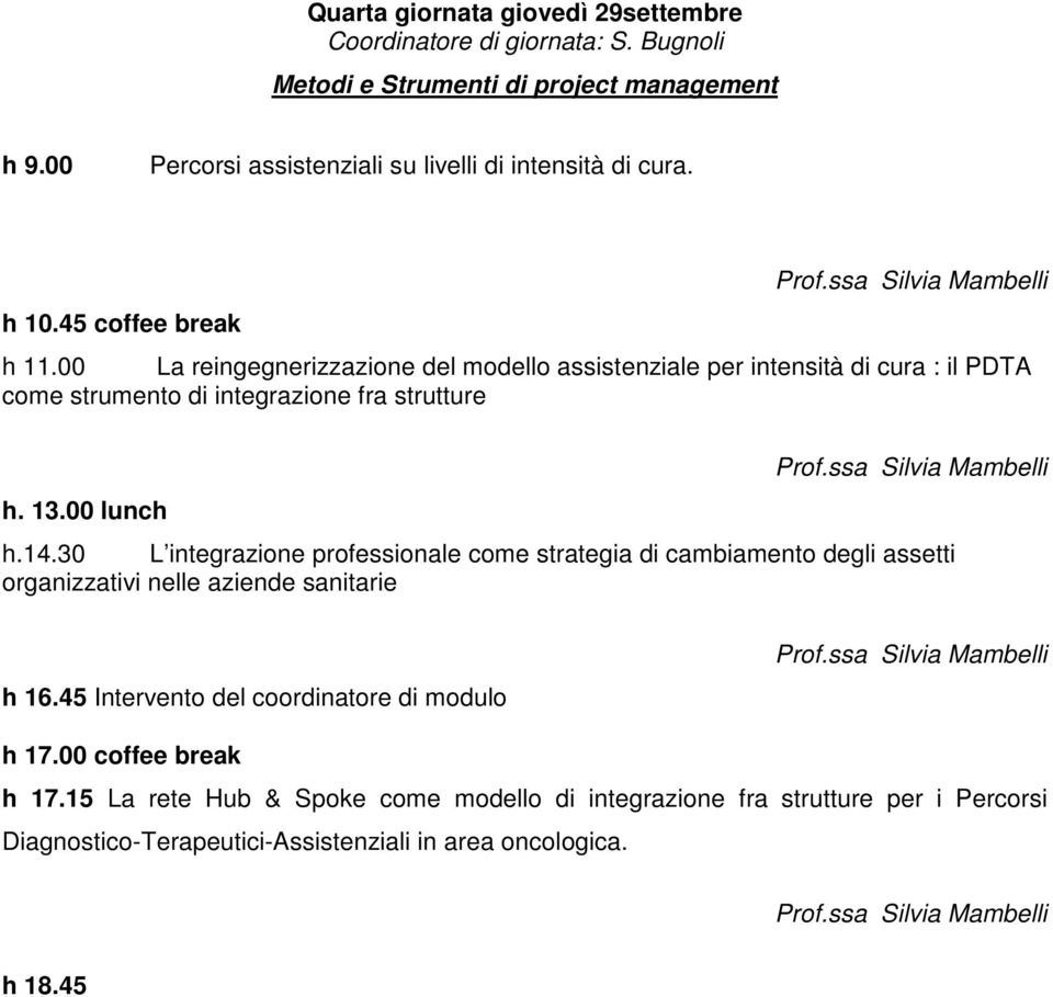 ssa Silvia Mambelli h. 13.00 lunch h.14.30 L integrazione professionale come strategia di cambiamento degli assetti organizzativi nelle aziende sanitarie h 16.