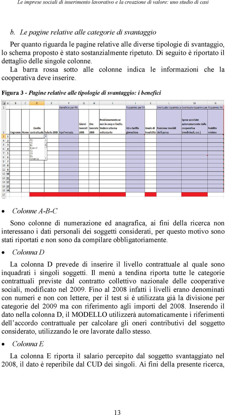 Di seguito è riportato il dettaglio delle singole colonne. La barra rossa sotto alle colonne indica le informazioni che la cooperativa deve inserire.