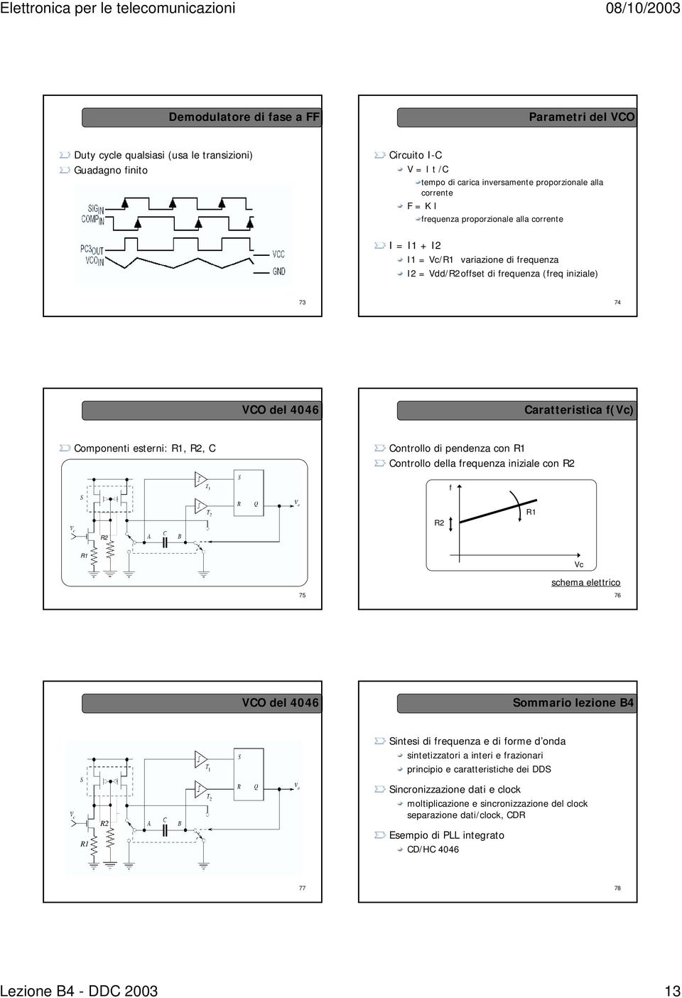 esterni: R1, R2, C Controllo di pendenza con R1 Controllo della frequenza iniziale con R2 f R2 R1 R2 R1 75 Vc schema elettrico 76 VCO del 4046 Sommario lezione B4 Sintesi di frequenza e di