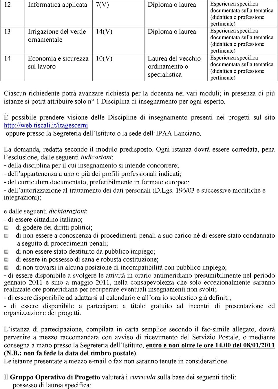 È possibile prendere visione delle Discipline di insegnamento presenti nei progetti sul sito http://web.tiscali.it/itagescerni oppure presso la Segreteria dell Istituto o la sede dell IPAA Lanciano.