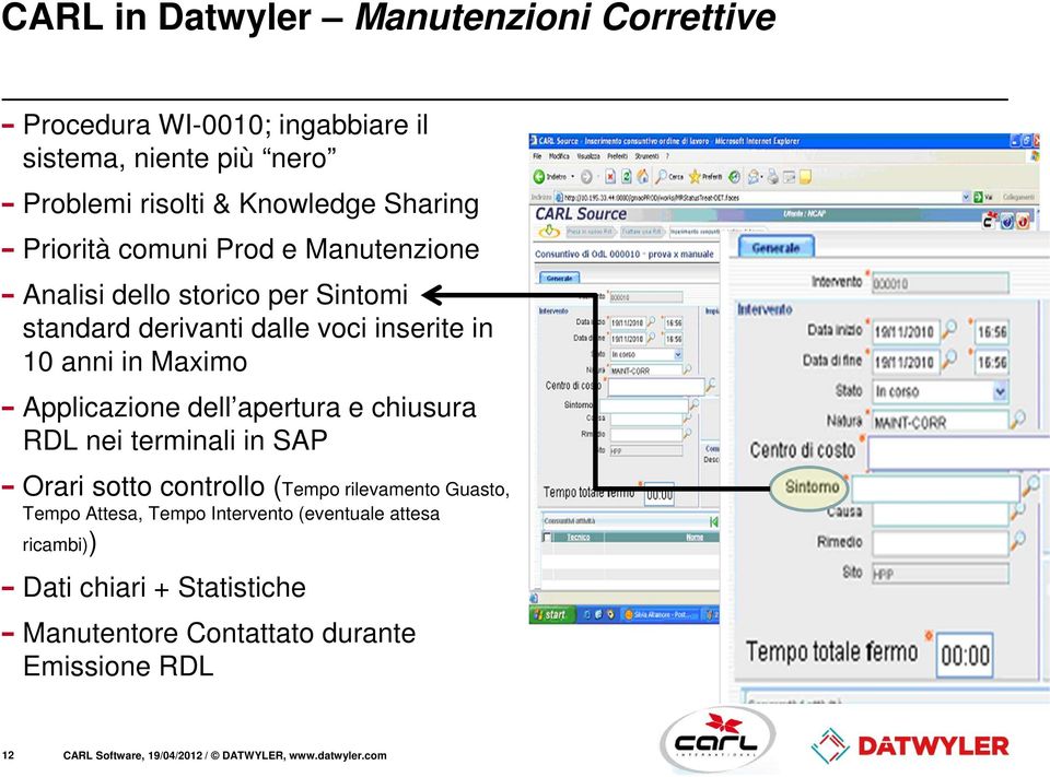 RDL nei terminali in SAP Orari sotto controllo (Tempo rilevamento Guasto, Tempo Attesa, Tempo Intervento (eventuale attesa ricambi)) Dati chiari +