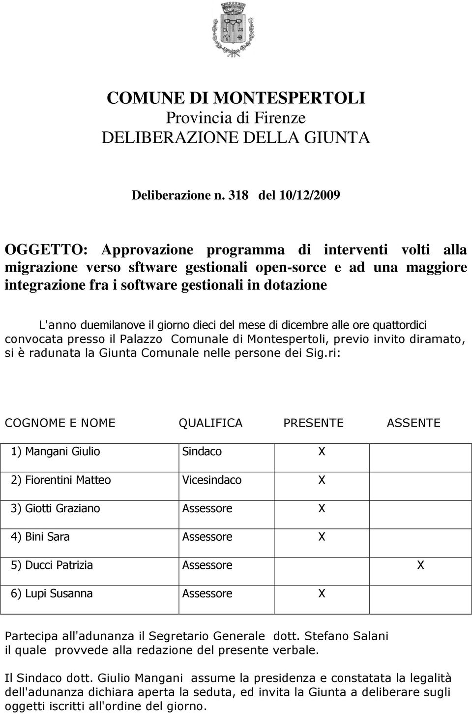 duemilanove il giorno dieci del mese di dicembre alle ore quattordici convocata presso il Palazzo Comunale di Montespertoli, previo invito diramato, si è radunata la Giunta Comunale nelle persone dei