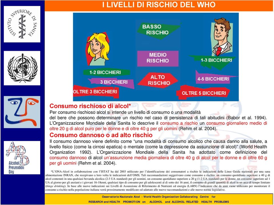 L Organizzazione Mondiale della Sanita lo descrive il consumo a rischio un consumo giornaliero medio di oltre 20 g di alcol puro per le donne e di oltre 40 g per gli uomini (Rehm et al. 2004).