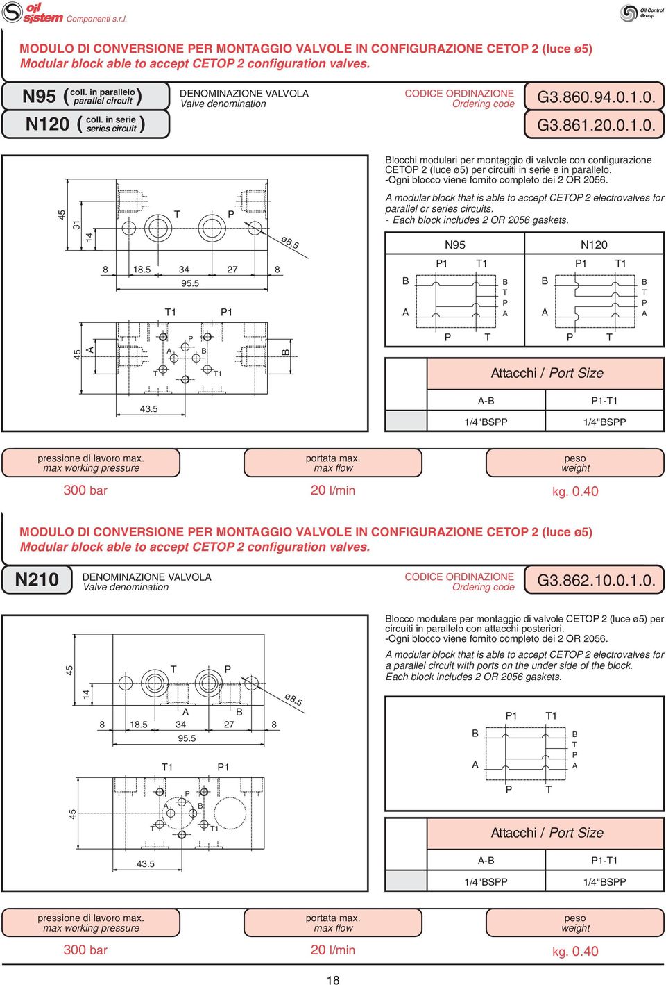 -Ogni blocco viene fornito completo dei OR 56. 45 modular block that is able to accept EO electrovalves for parallel or series circuits. - Each block includes OR 56 gaskets. 4 ø.5 N95 N.