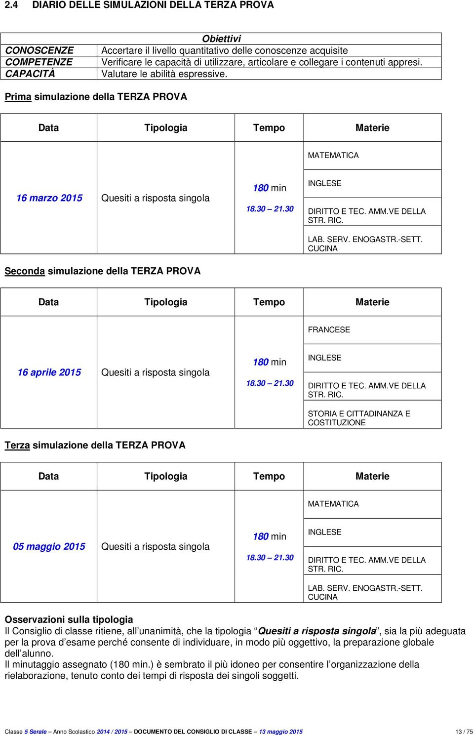 AMM.VE DELLA STR. RIC. LAB. SERV. ENOGASTR.-SETT. CUCINA Seconda simulazione della TERZA PROVA Data Tipologia Tempo Materie FRANCESE 6 aprile 05 Quesiti a risposta singola 80 min 8.0.0 INGLESE DIRITTO E TEC.