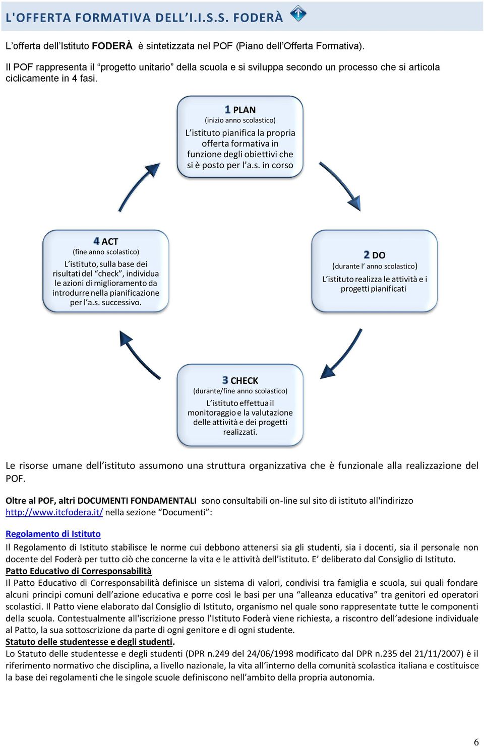 PLAN (inizio anno scolastico) L istituto pianifica la propria offerta formativa in funzione degli obiettivi che si è posto per l a.s. in corso ACT (fine anno scolastico) L istituto, sulla base dei risultati del check, individua le azioni di miglioramento da introdurre nella pianificazione per l a.