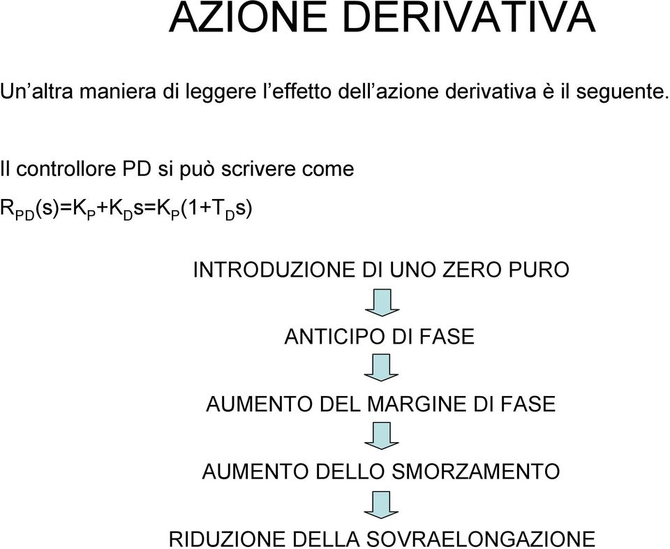 Il controllore PD si può scrivere come R PD (s)k P +K D sk P (+T D s) INTRODUZIONE DI UNO