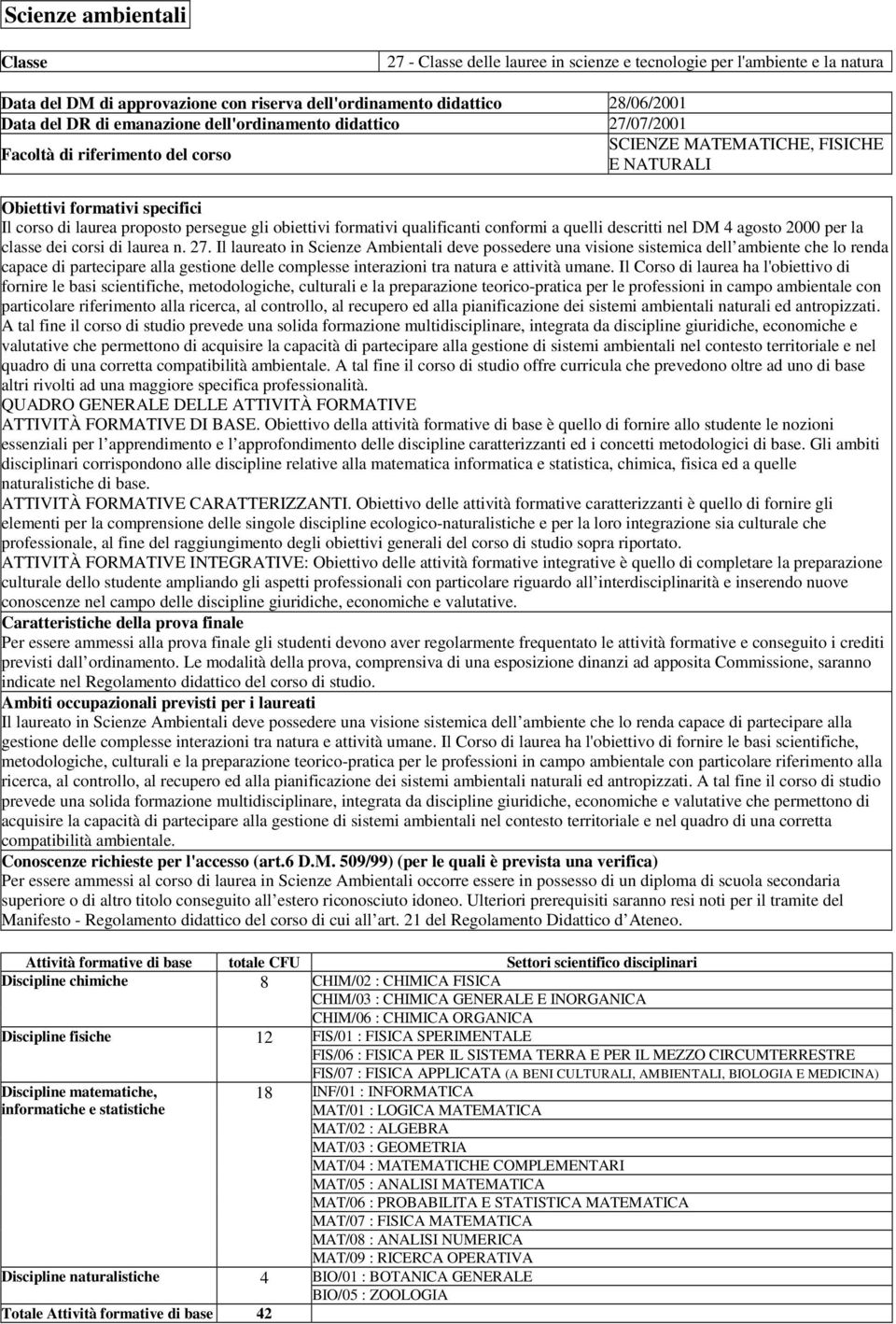 obiettivi formativi qualificanti conformi a quelli descritti nel DM 4 agosto 2000 per la classe dei corsi di laurea n. 27.